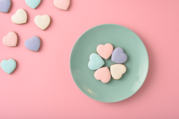 Heart-Shaped Cookies Lies on Plate and Next to It